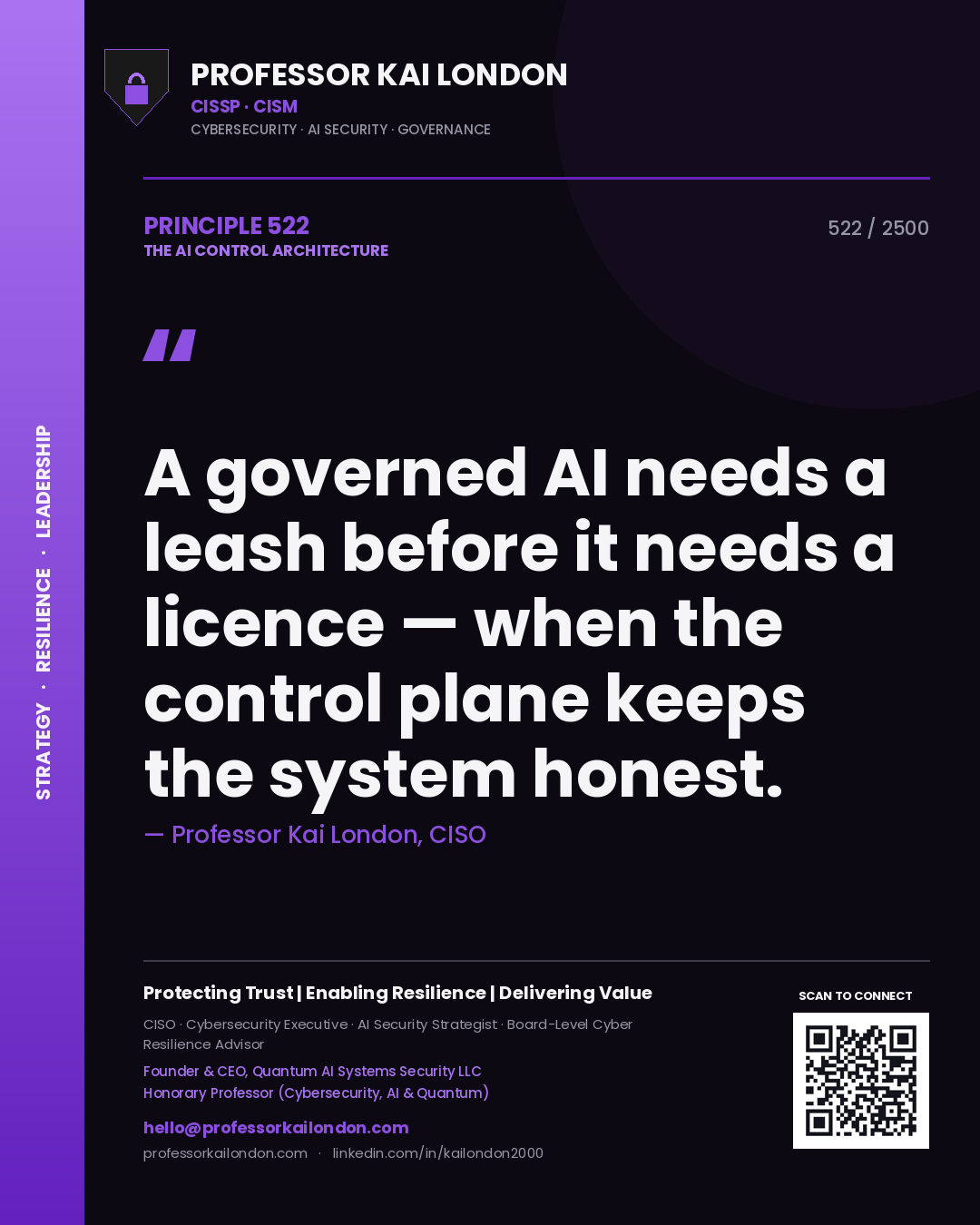 Professor Kai London principle 522: A governed AI needs a leash before it needs a licence — when the control plane keeps the system honest.