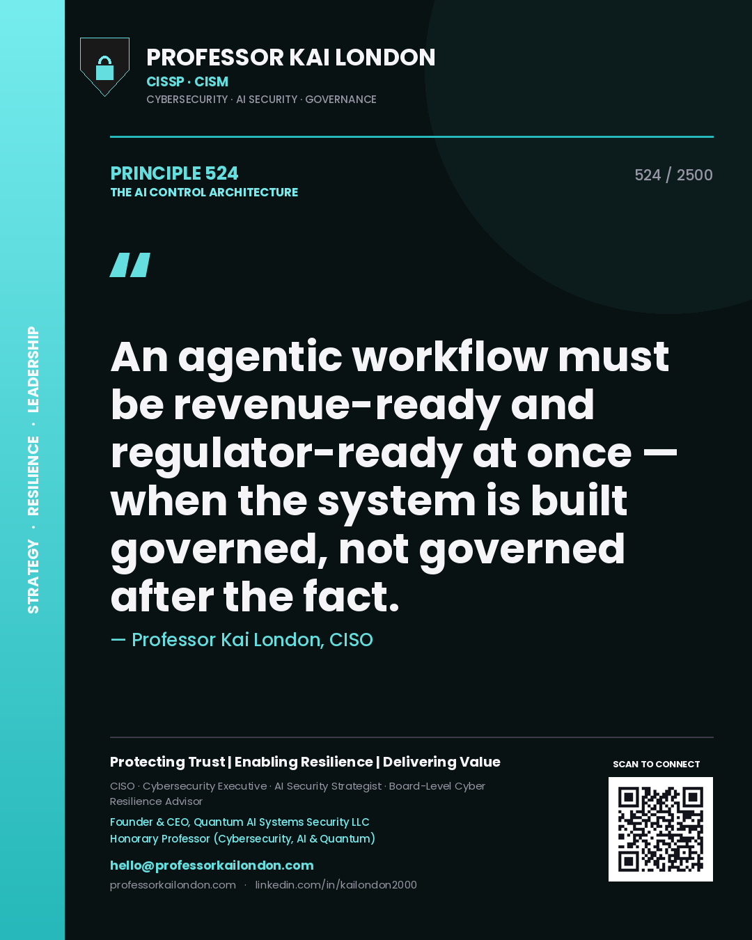 Professor Kai London principle 524: An agentic workflow must be revenue-ready and regulator-ready at once — when the system is built governed, not governed after the fact.