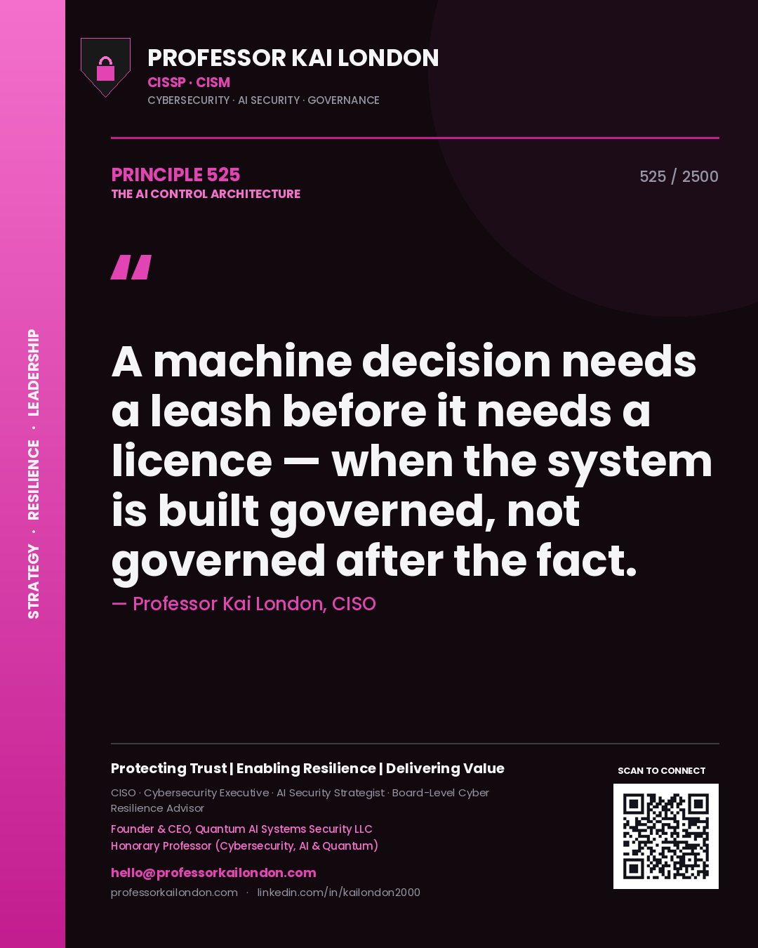 Professor Kai London principle 525: A machine decision needs a leash before it needs a licence — when the system is built governed, not governed after the fact.
