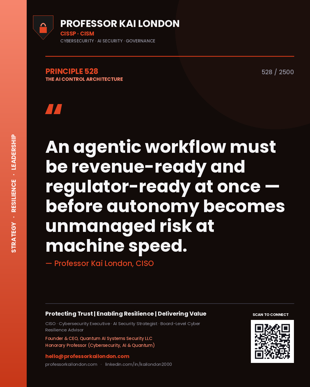 Professor Kai London principle 528: An agentic workflow must be revenue-ready and regulator-ready at once — before autonomy becomes unmanaged risk at machine speed.