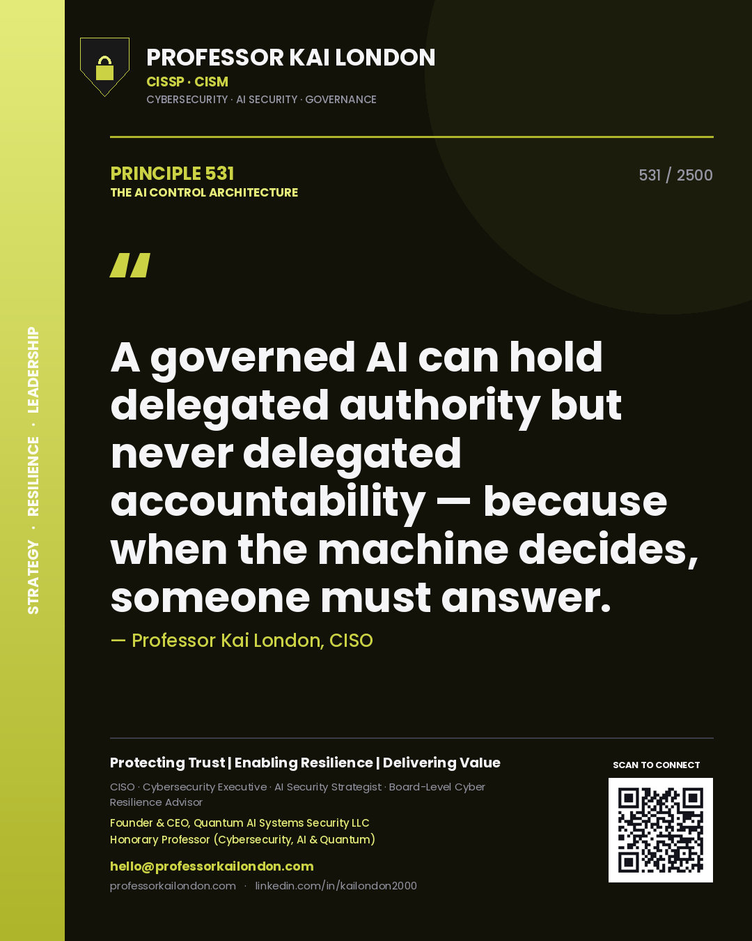 Professor Kai London principle 531: A governed AI can hold delegated authority but never delegated accountability — because when the machine decides, someone must answer.