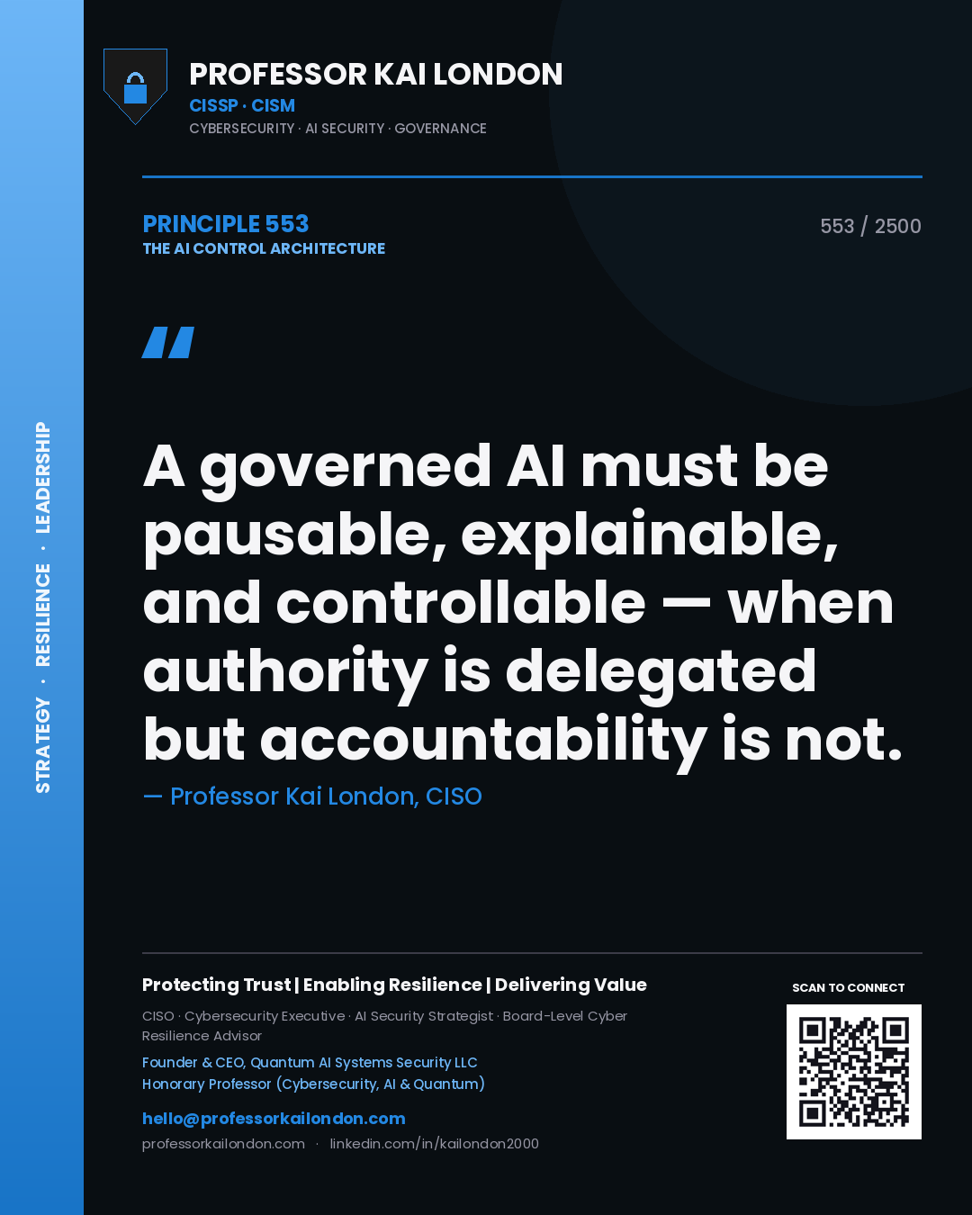 Professor Kai London principle 553: A governed AI must be pausable, explainable, and controllable — when authority is delegated but accountability is not.