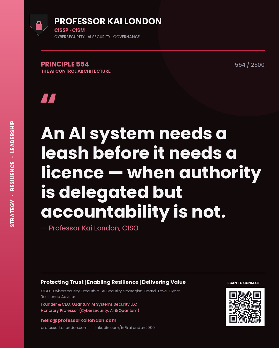 Professor Kai London principle 554: An AI system needs a leash before it needs a licence — when authority is delegated but accountability is not.