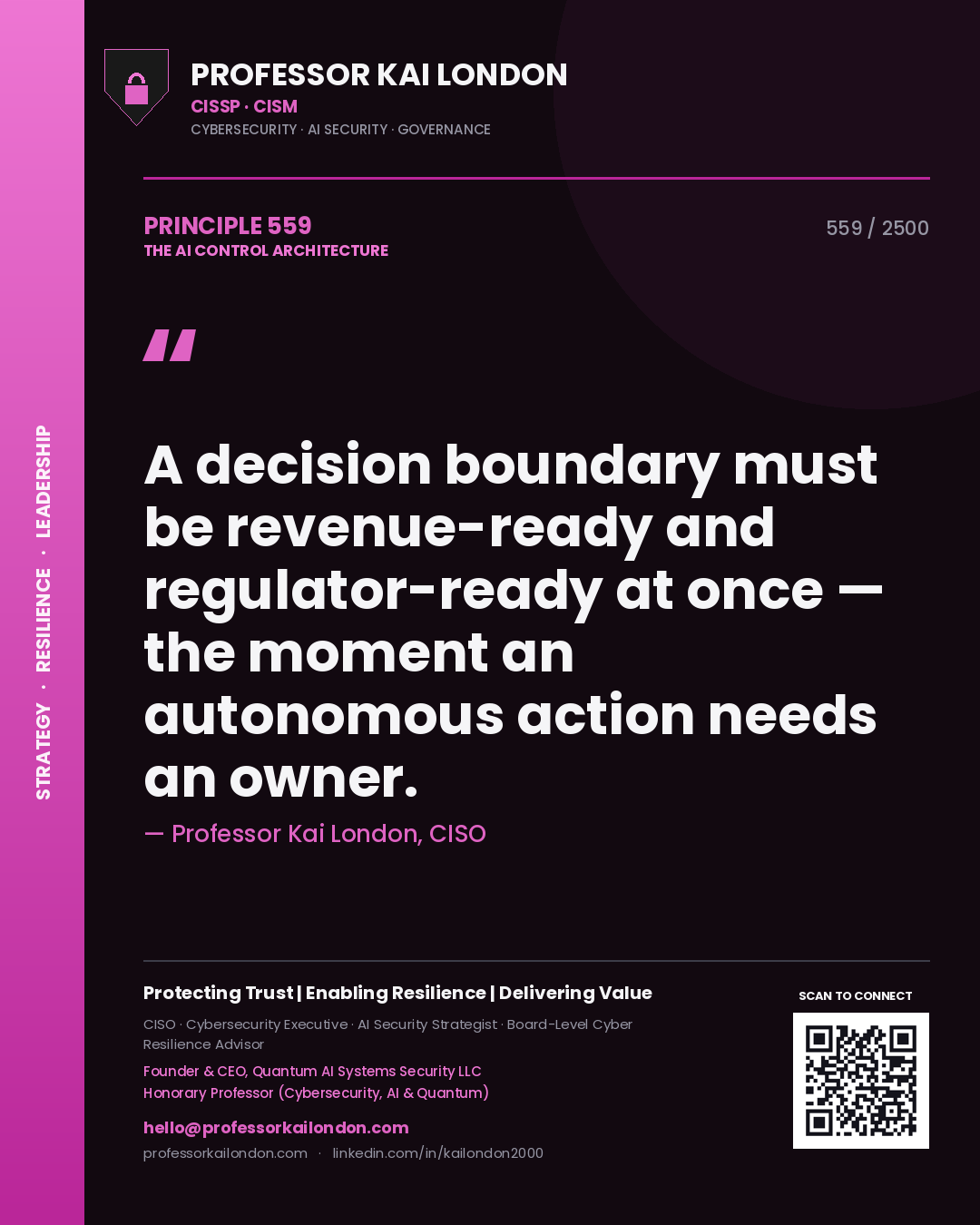 Professor Kai London principle 559: A decision boundary must be revenue-ready and regulator-ready at once — the moment an autonomous action needs an owner.