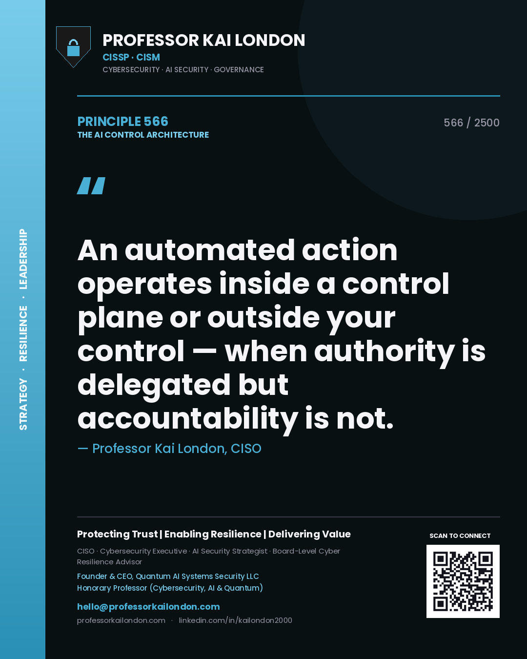 Professor Kai London principle 566: An automated action operates inside a control plane or outside your control — when authority is delegated but accountability is not.