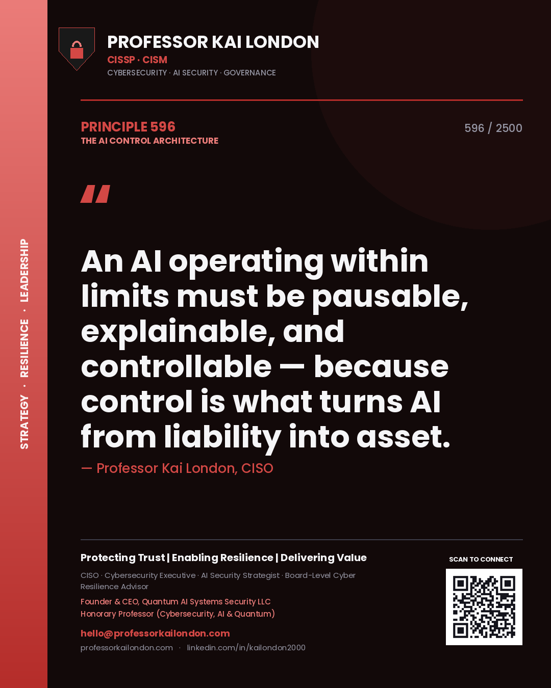 Professor Kai London principle 596: An AI operating within limits must be pausable, explainable, and controllable — because control is what turns AI from liability into asset.