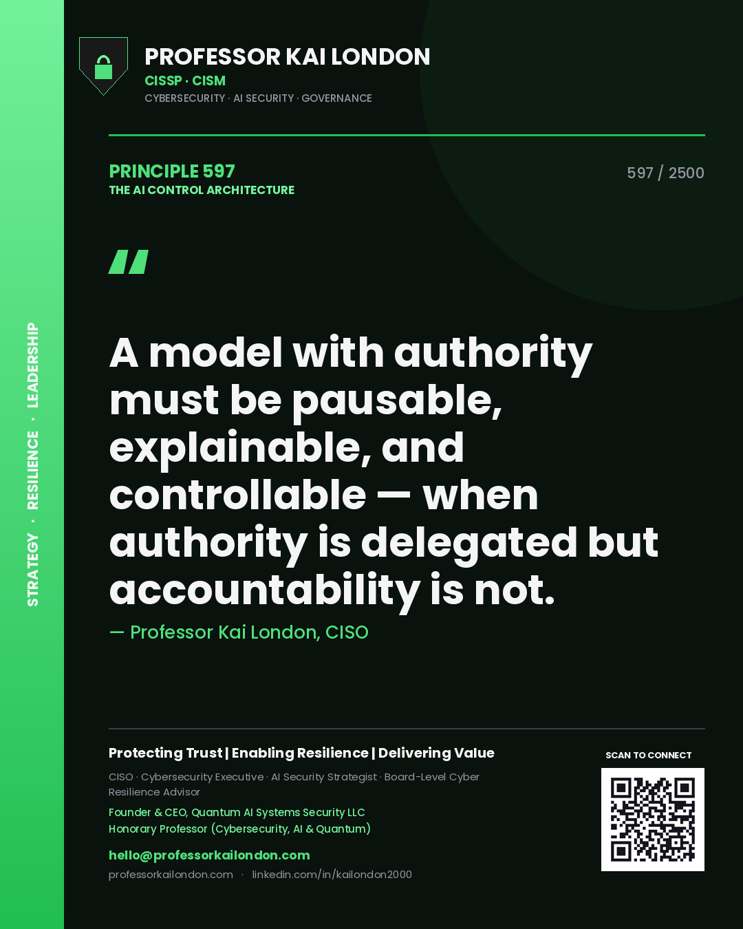 Professor Kai London principle 597: A model with authority must be pausable, explainable, and controllable — when authority is delegated but accountability is not.