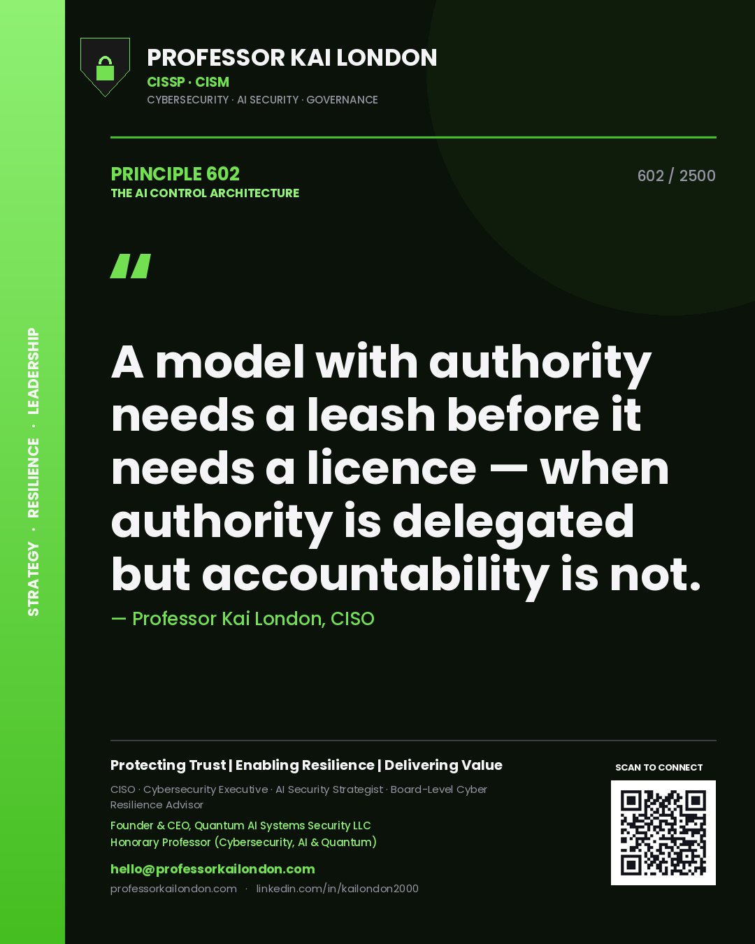 Professor Kai London principle 602: A model with authority needs a leash before it needs a licence — when authority is delegated but accountability is not.