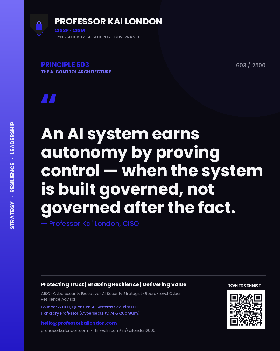 Professor Kai London principle 603: An AI system earns autonomy by proving control — when the system is built governed, not governed after the fact.