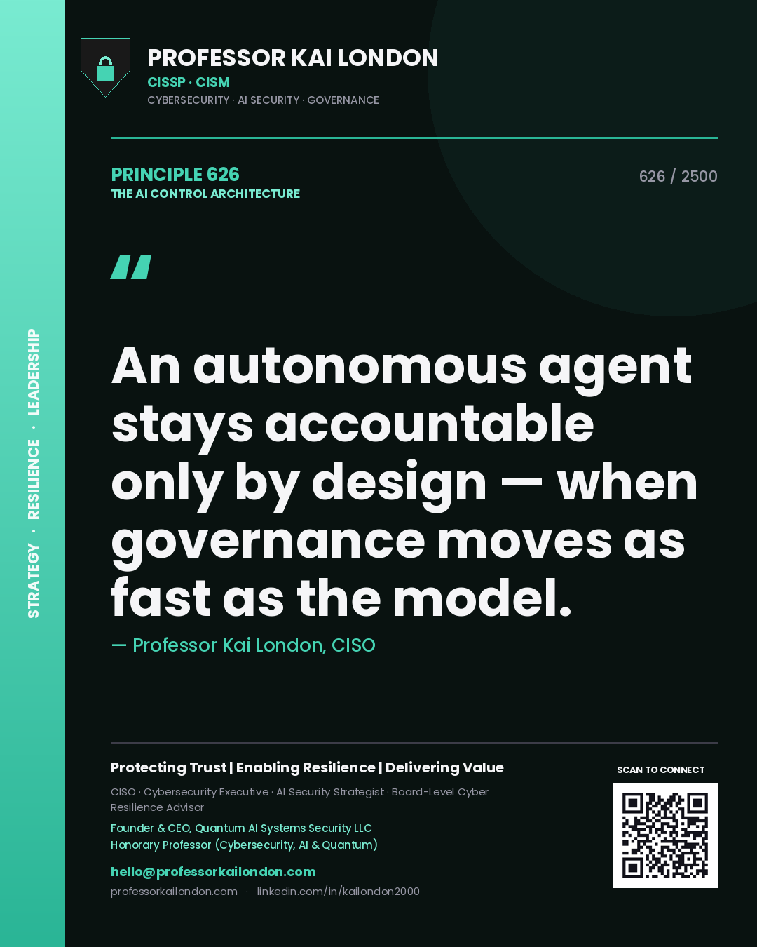 Professor Kai London principle 626: An autonomous agent stays accountable only by design — when governance moves as fast as the model.