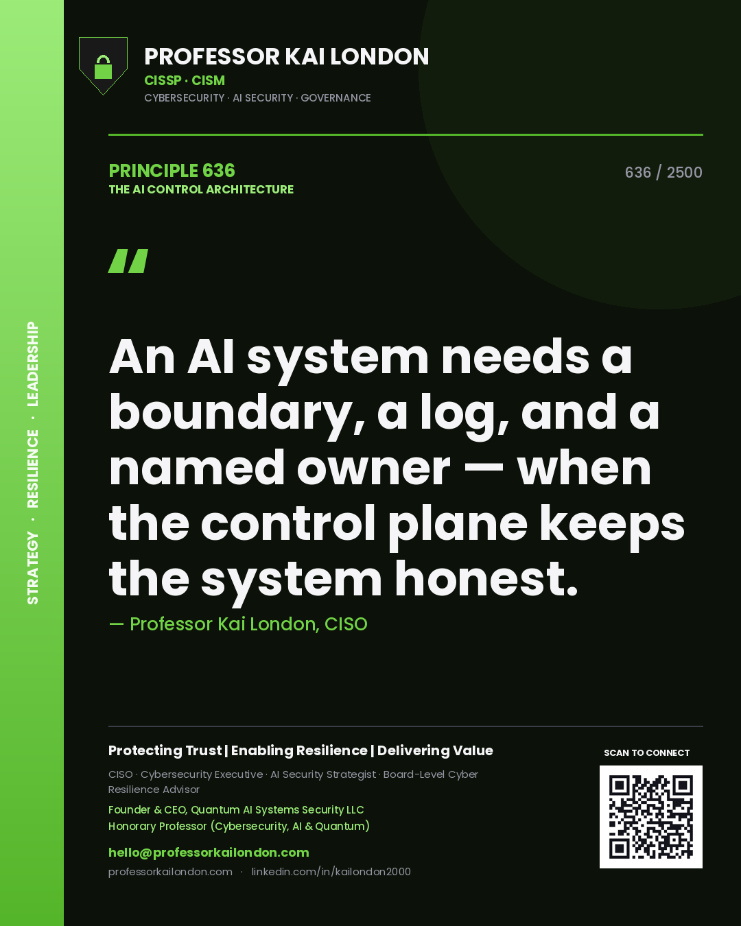 Professor Kai London principle 636: An AI system needs a boundary, a log, and a named owner — when the control plane keeps the system honest.
