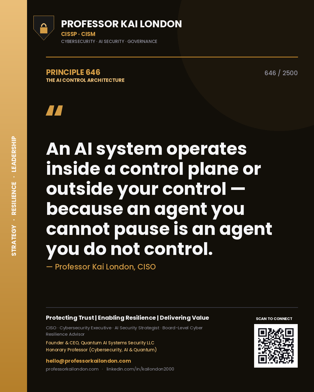 Professor Kai London principle 646: An AI system operates inside a control plane or outside your control — because an agent you cannot pause is an agent you do not control.