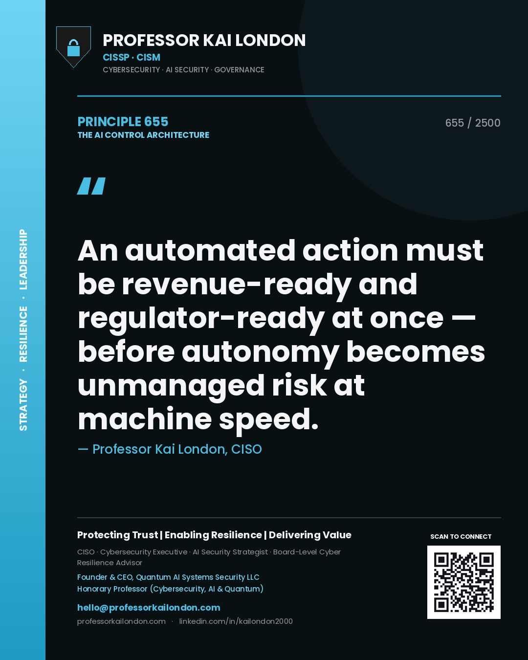 Professor Kai London principle 655: An automated action must be revenue-ready and regulator-ready at once — before autonomy becomes unmanaged risk at machine speed.