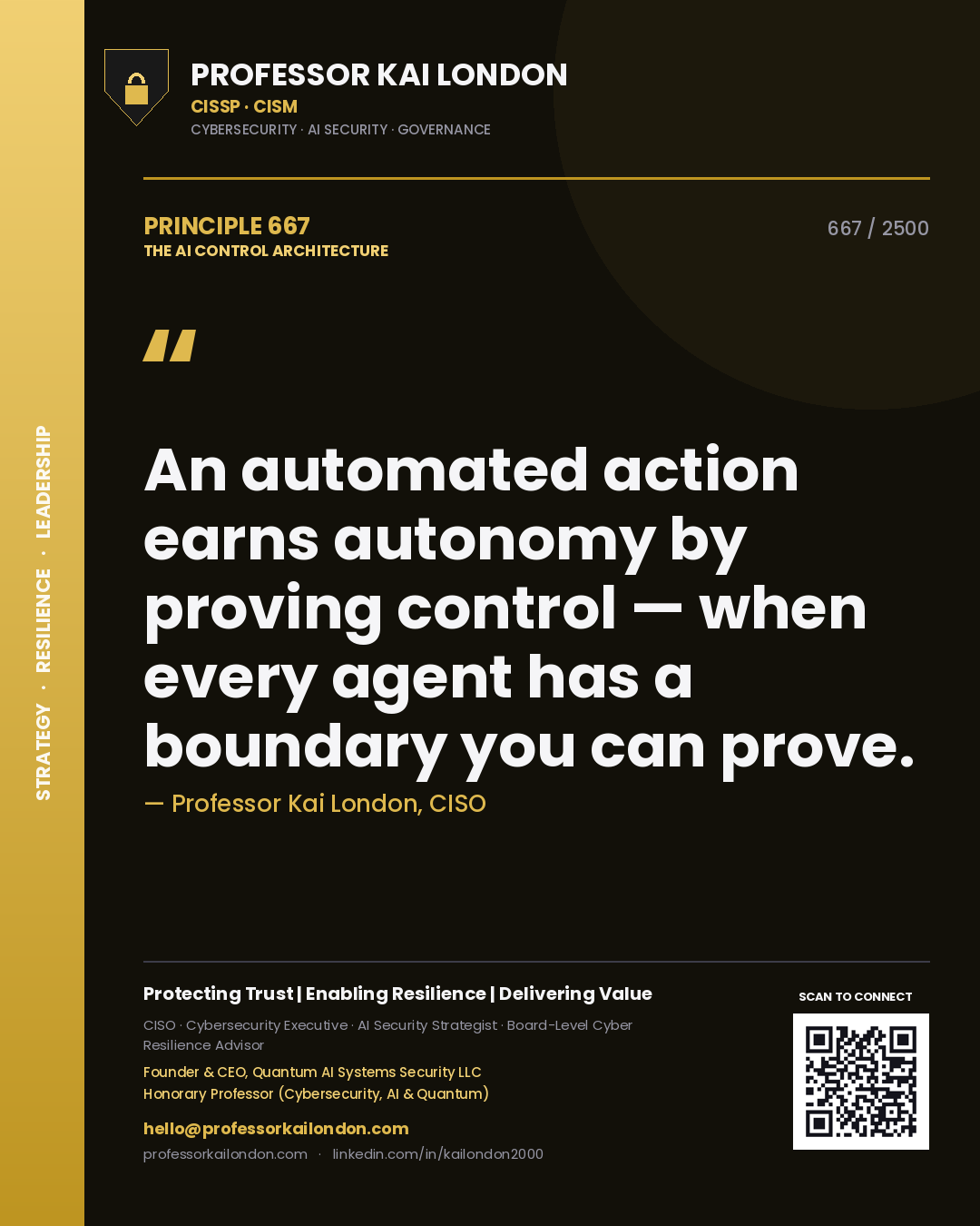 Professor Kai London principle 667: An automated action earns autonomy by proving control — when every agent has a boundary you can prove.