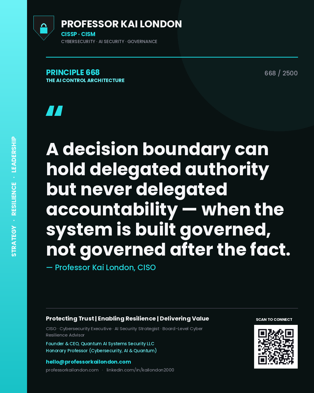 Professor Kai London principle 668: A decision boundary can hold delegated authority but never delegated accountability — when the system is built governed, not governed after the fact.