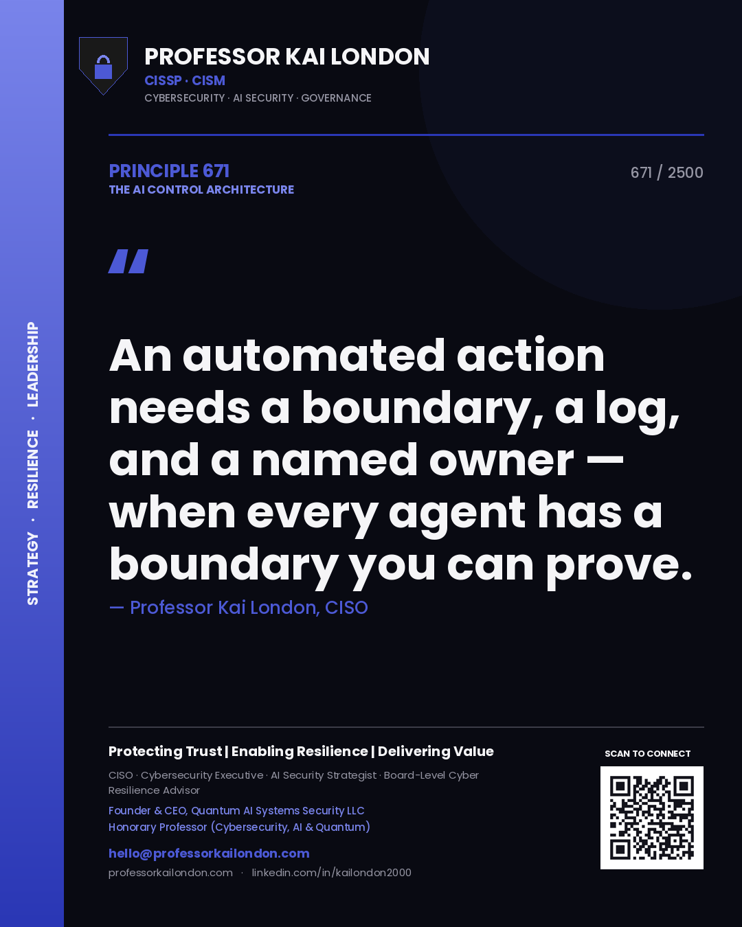 Professor Kai London principle 671: An automated action needs a boundary, a log, and a named owner — when every agent has a boundary you can prove.