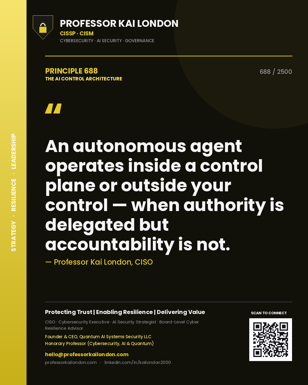 Professor Kai London principle 688: An autonomous agent operates inside a control plane or outside your control — when authority is delegated but accountability is not.