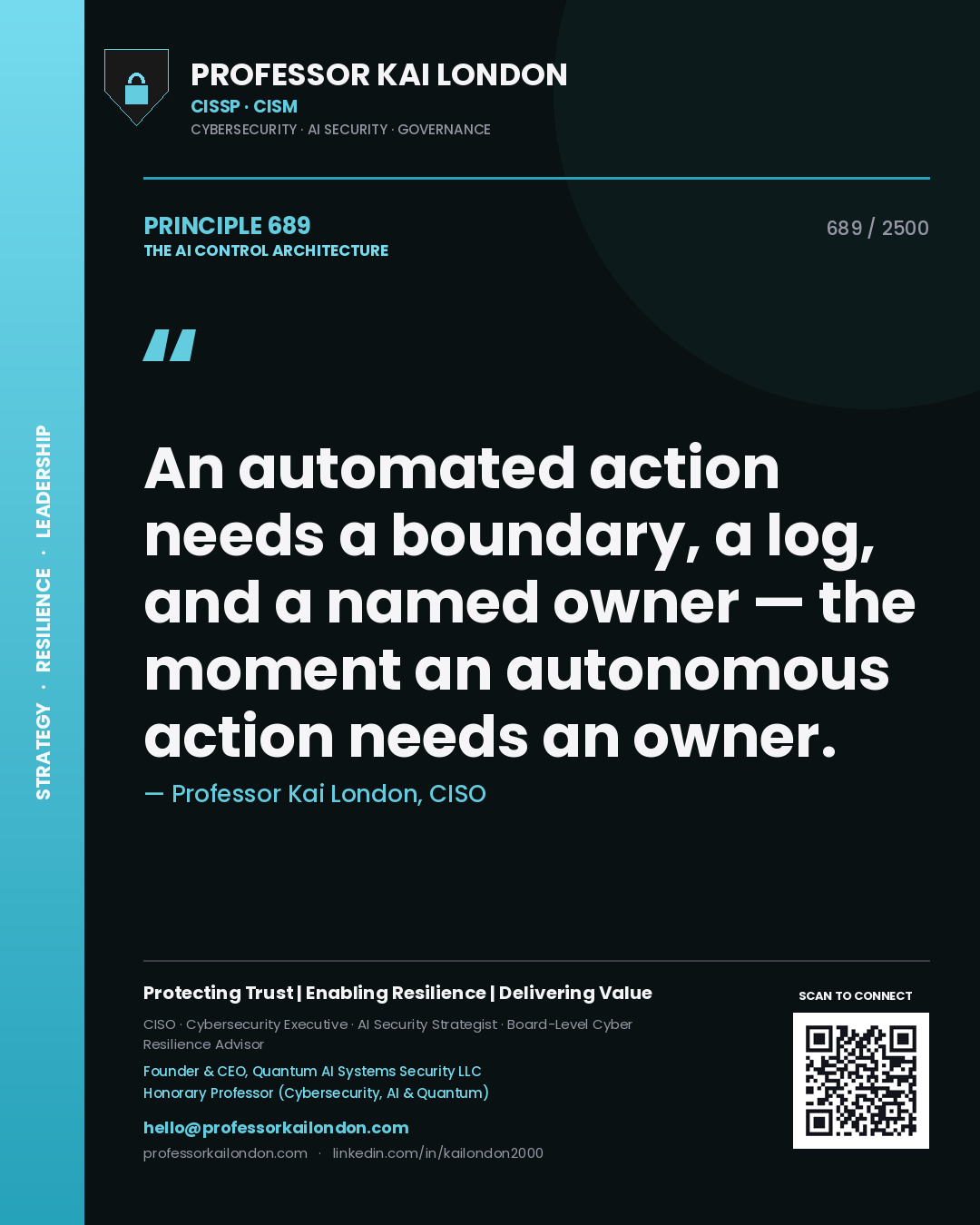 Professor Kai London principle 689: An automated action needs a boundary, a log, and a named owner — the moment an autonomous action needs an owner.