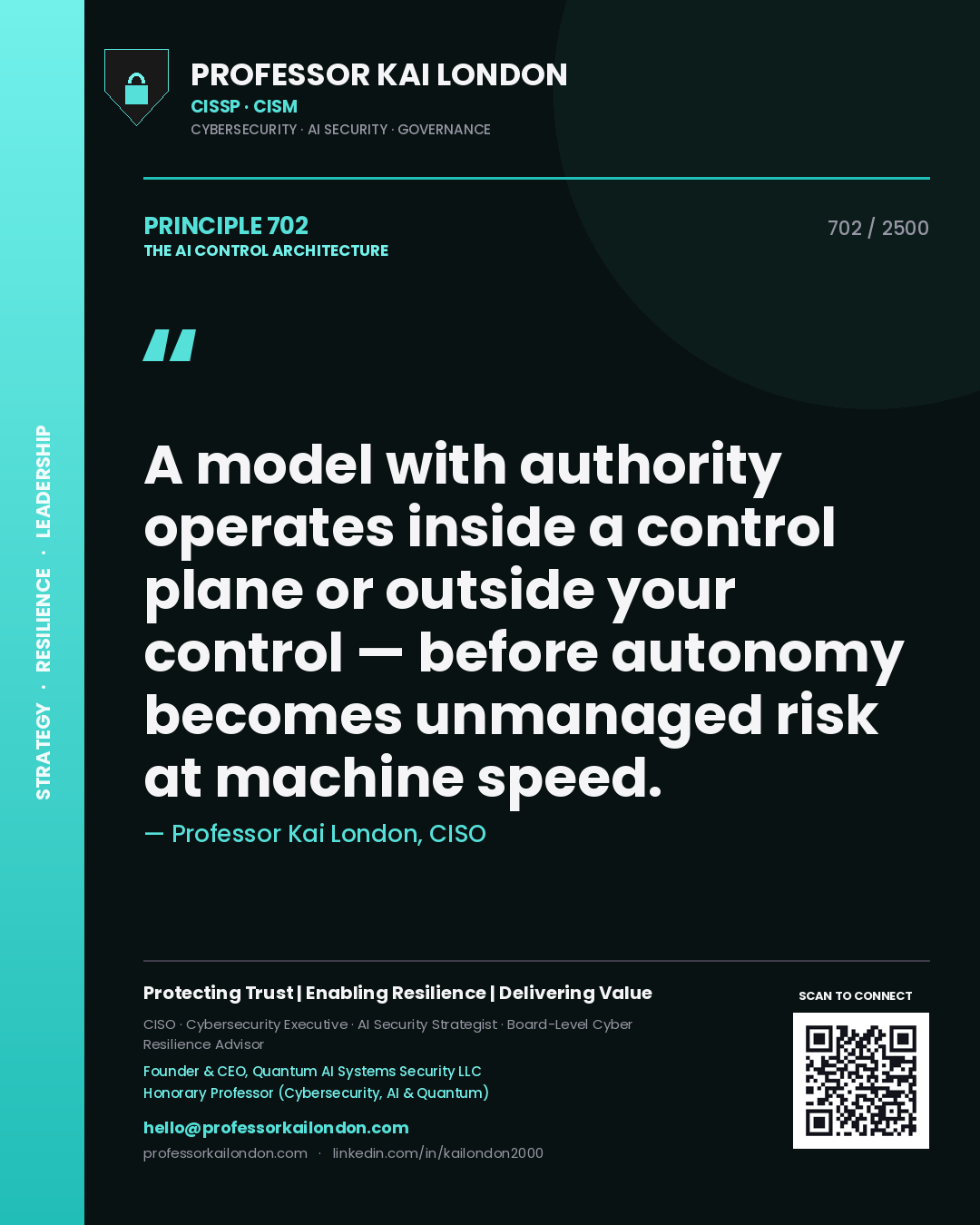 Professor Kai London principle 702: A model with authority operates inside a control plane or outside your control — before autonomy becomes unmanaged risk at machine speed.