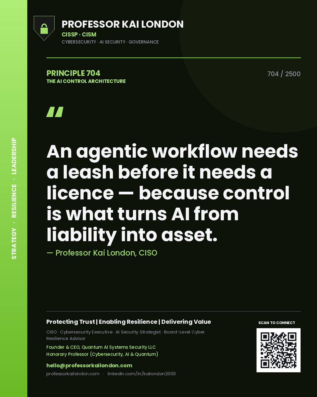 Professor Kai London principle 704: An agentic workflow needs a leash before it needs a licence — because control is what turns AI from liability into asset.