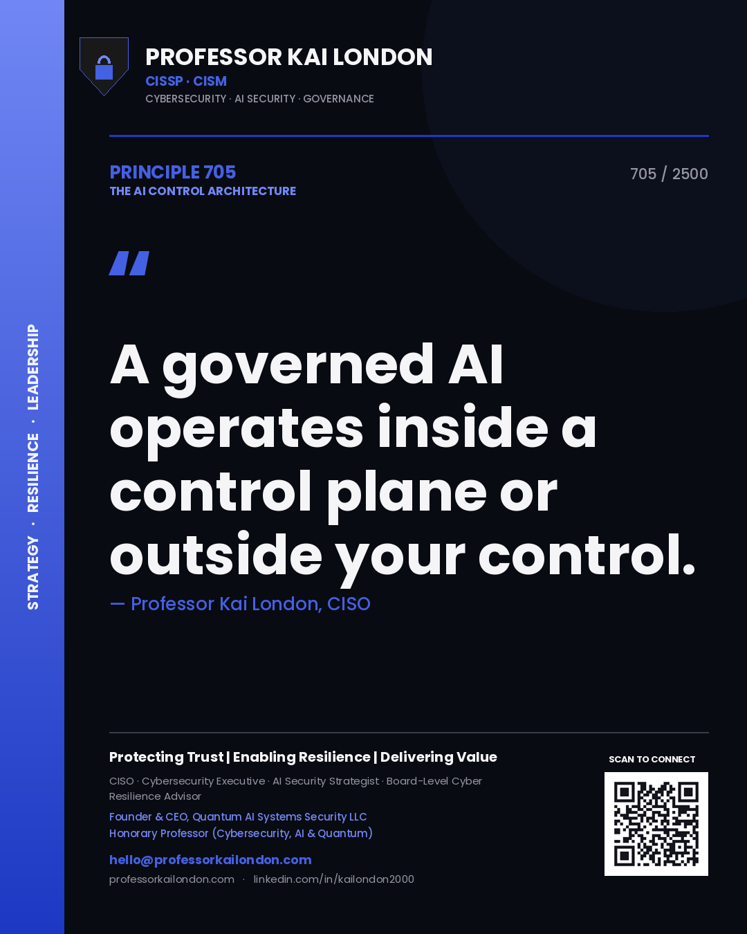 Professor Kai London principle 705: A governed AI operates inside a control plane or outside your control.