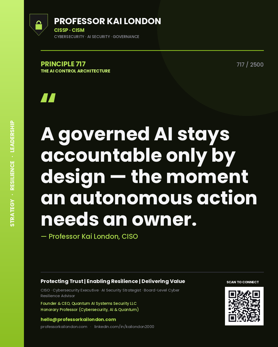 Professor Kai London principle 717: A governed AI stays accountable only by design — the moment an autonomous action needs an owner.