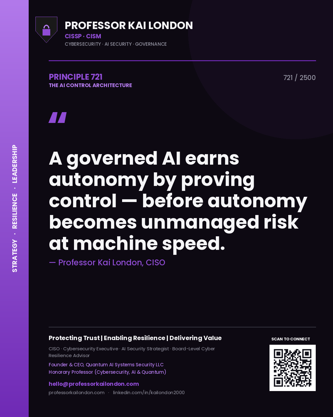 Professor Kai London principle 721: A governed AI earns autonomy by proving control — before autonomy becomes unmanaged risk at machine speed.