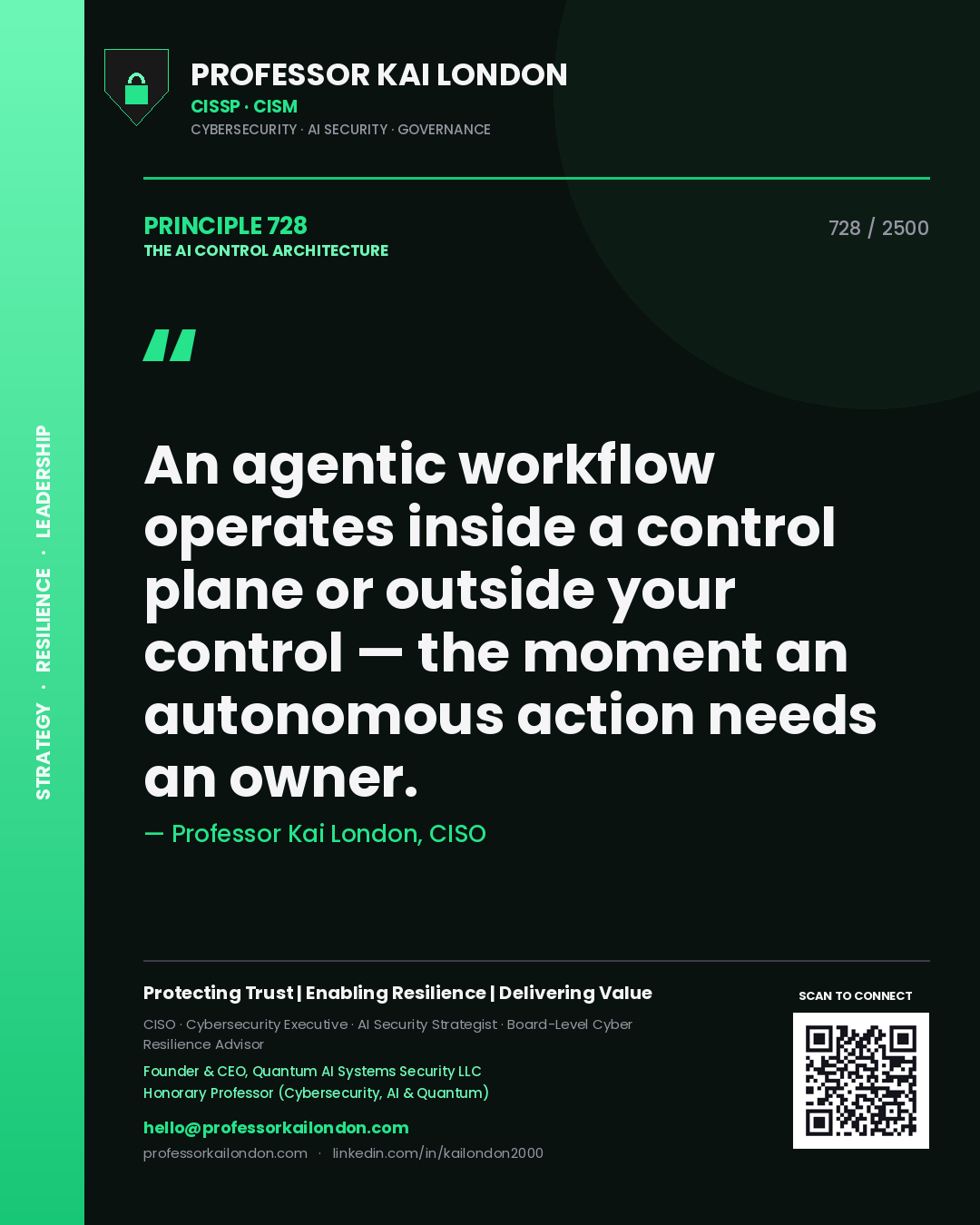 Professor Kai London principle 728: An agentic workflow operates inside a control plane or outside your control — the moment an autonomous action needs an owner.