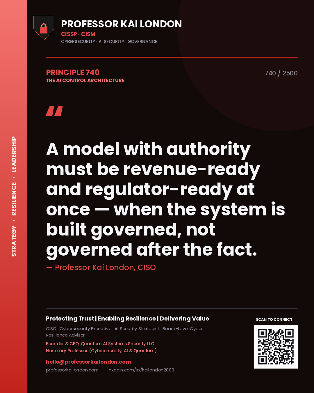 Professor Kai London principle 740: A model with authority must be revenue-ready and regulator-ready at once — when the system is built governed, not governed after the fact.