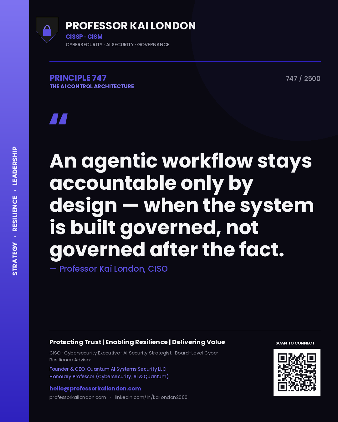 Professor Kai London principle 747: An agentic workflow stays accountable only by design — when the system is built governed, not governed after the fact.