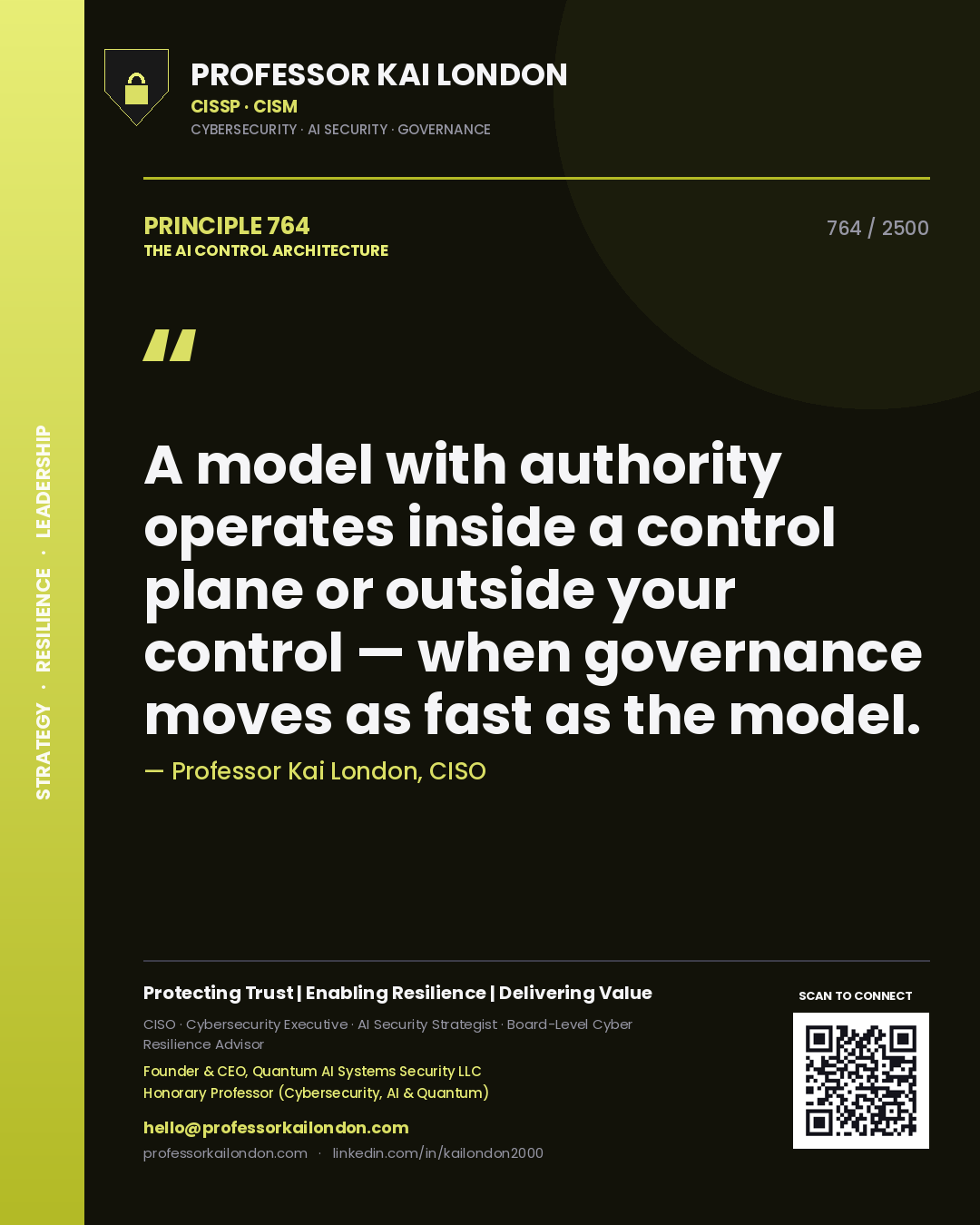 Professor Kai London principle 764: A model with authority operates inside a control plane or outside your control — when governance moves as fast as the model.