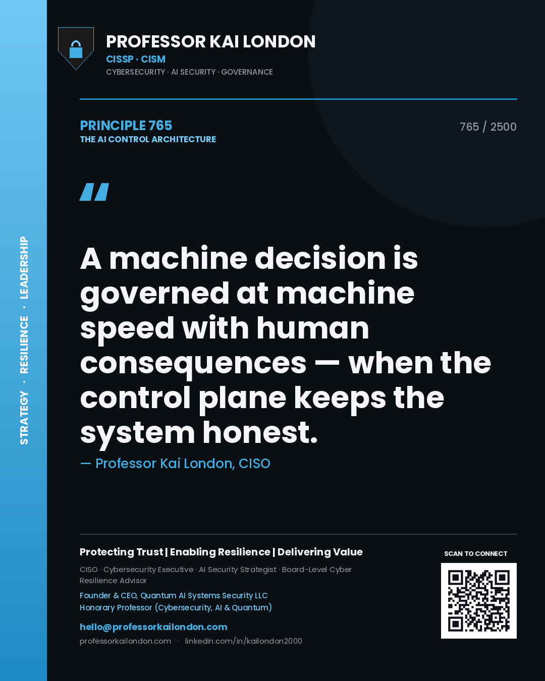 Professor Kai London principle 765: A machine decision is governed at machine speed with human consequences — when the control plane keeps the system honest.