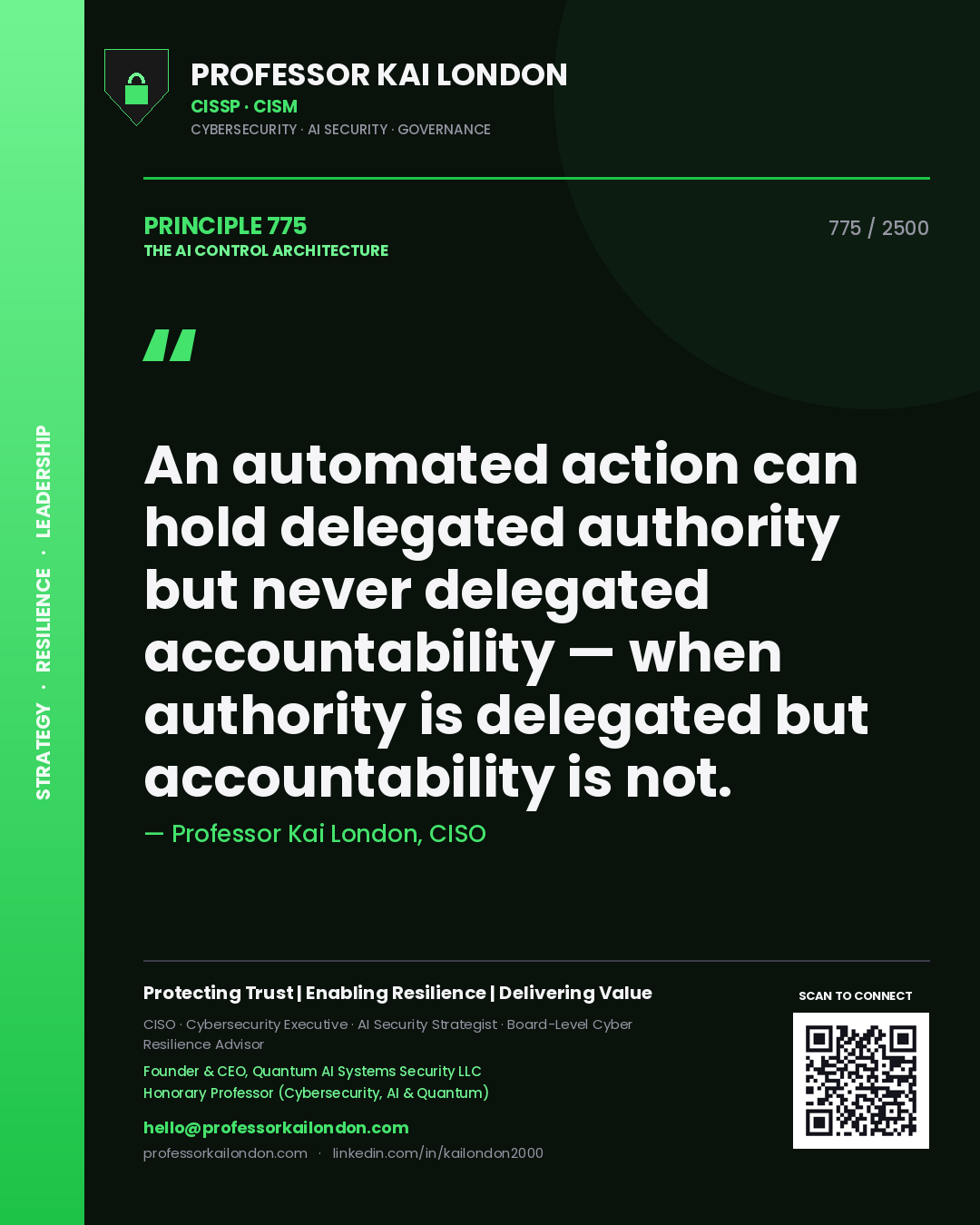 Professor Kai London principle 775: An automated action can hold delegated authority but never delegated accountability — when authority is delegated but accountability is not.