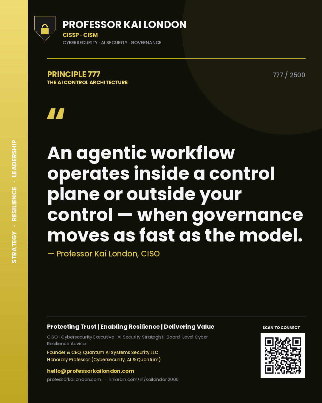 Professor Kai London principle 777: An agentic workflow operates inside a control plane or outside your control — when governance moves as fast as the model.
