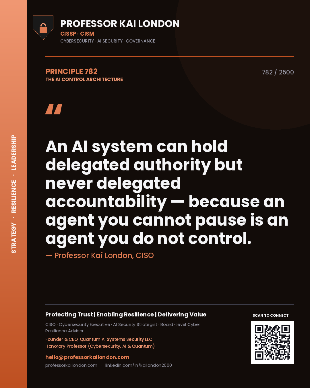 Professor Kai London principle 782: An AI system can hold delegated authority but never delegated accountability — because an agent you cannot pause is an agent you do not control.