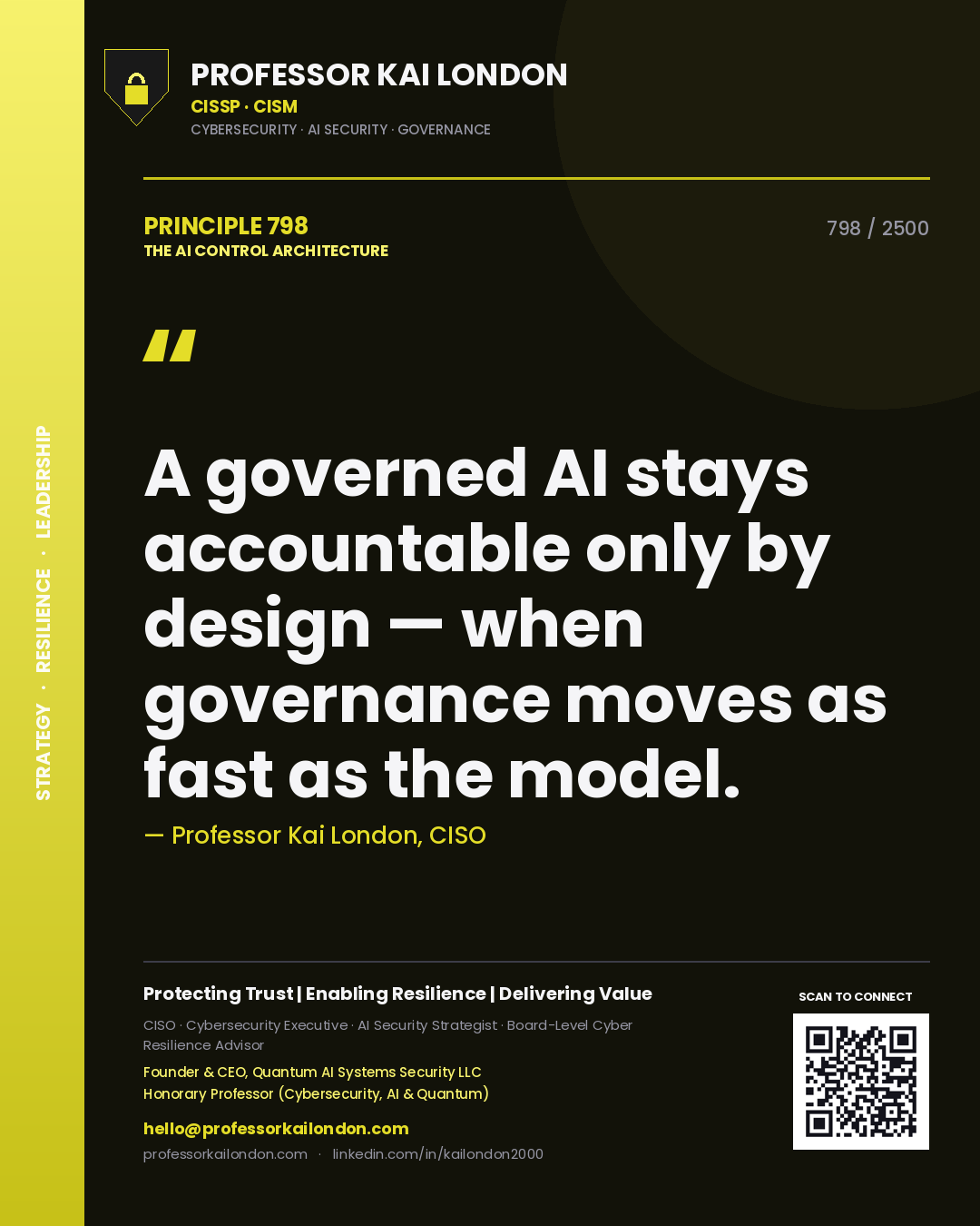 Professor Kai London principle 798: A governed AI stays accountable only by design — when governance moves as fast as the model.