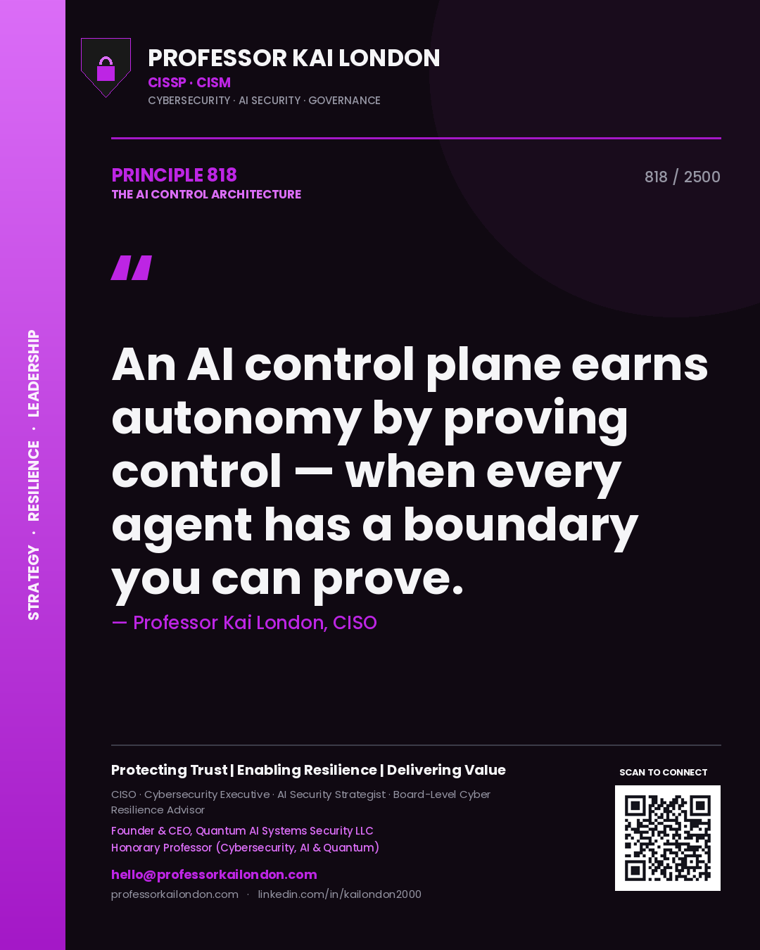 Professor Kai London principle 818: An AI control plane earns autonomy by proving control — when every agent has a boundary you can prove.