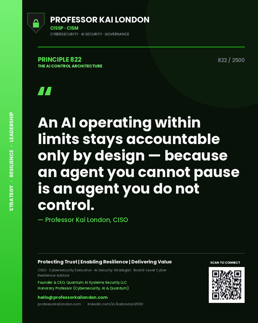 Professor Kai London principle 822: An AI operating within limits stays accountable only by design — because an agent you cannot pause is an agent you do not control.