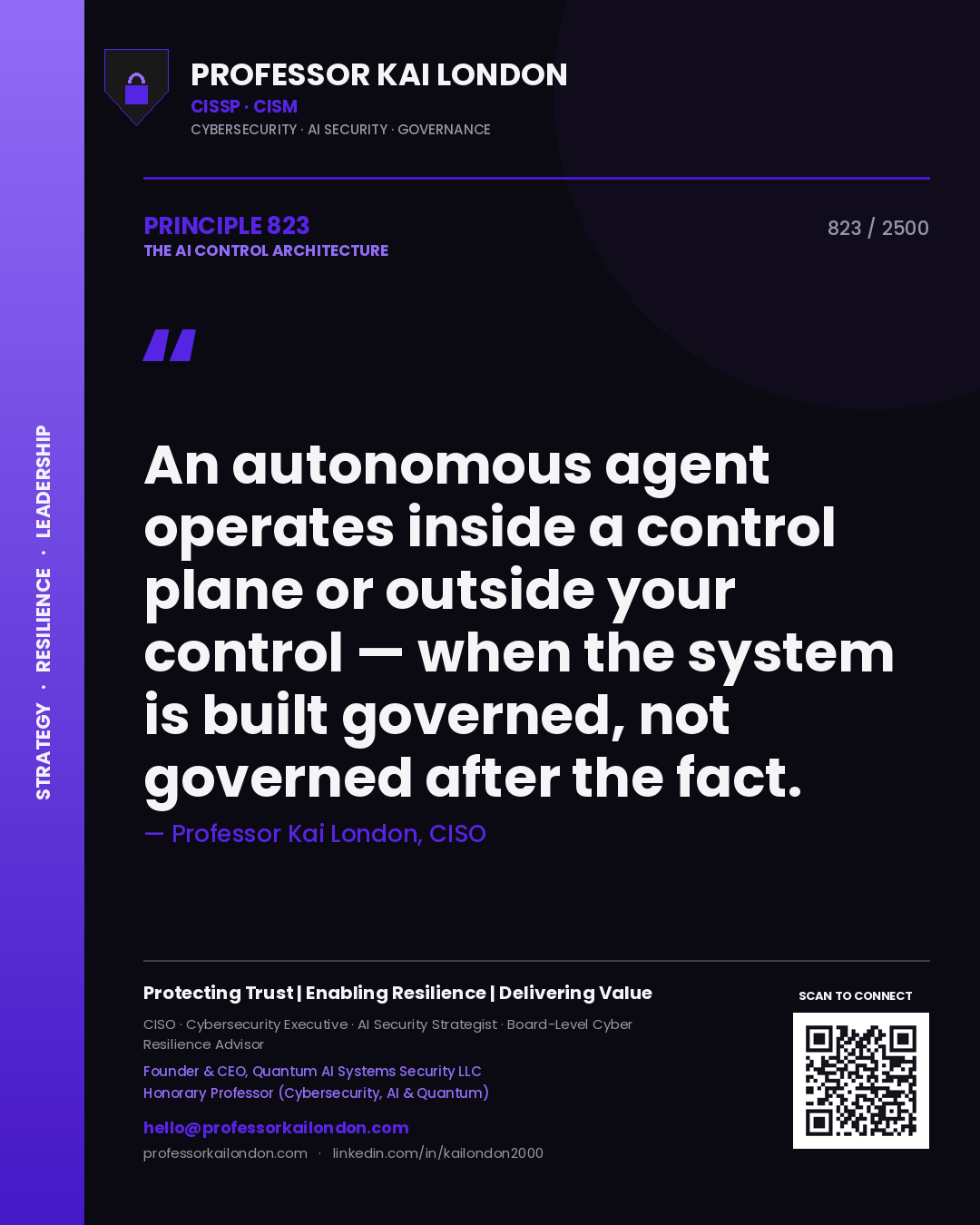 Professor Kai London principle 823: An autonomous agent operates inside a control plane or outside your control — when the system is built governed, not governed after the fact.