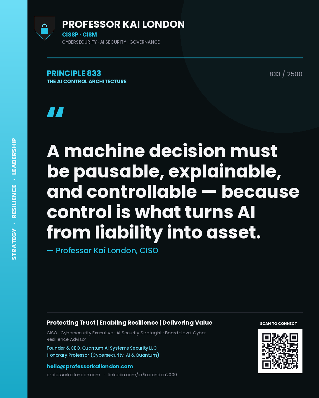 Professor Kai London principle 833: A machine decision must be pausable, explainable, and controllable — because control is what turns AI from liability into asset.