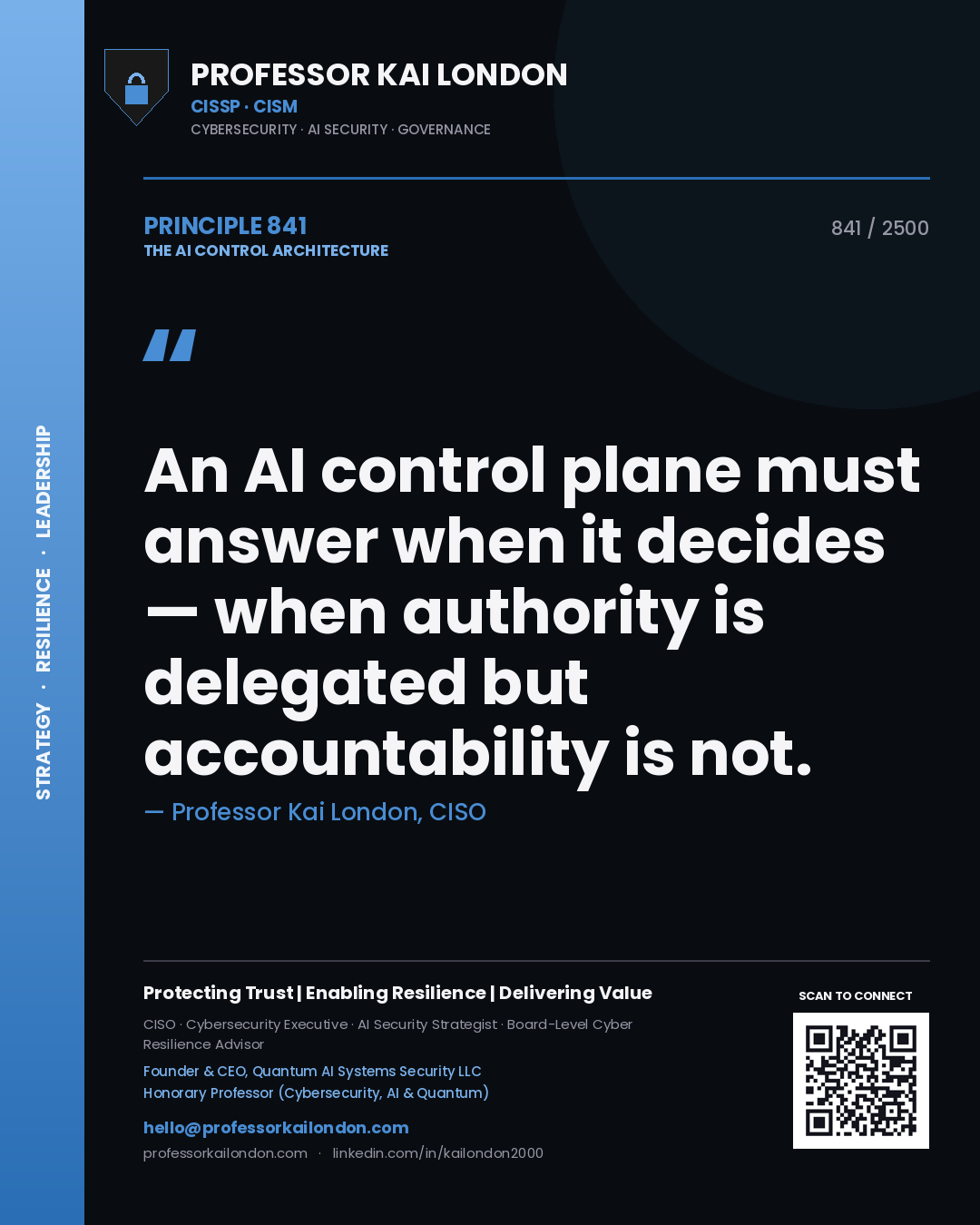 Professor Kai London principle 841: An AI control plane must answer when it decides — when authority is delegated but accountability is not.