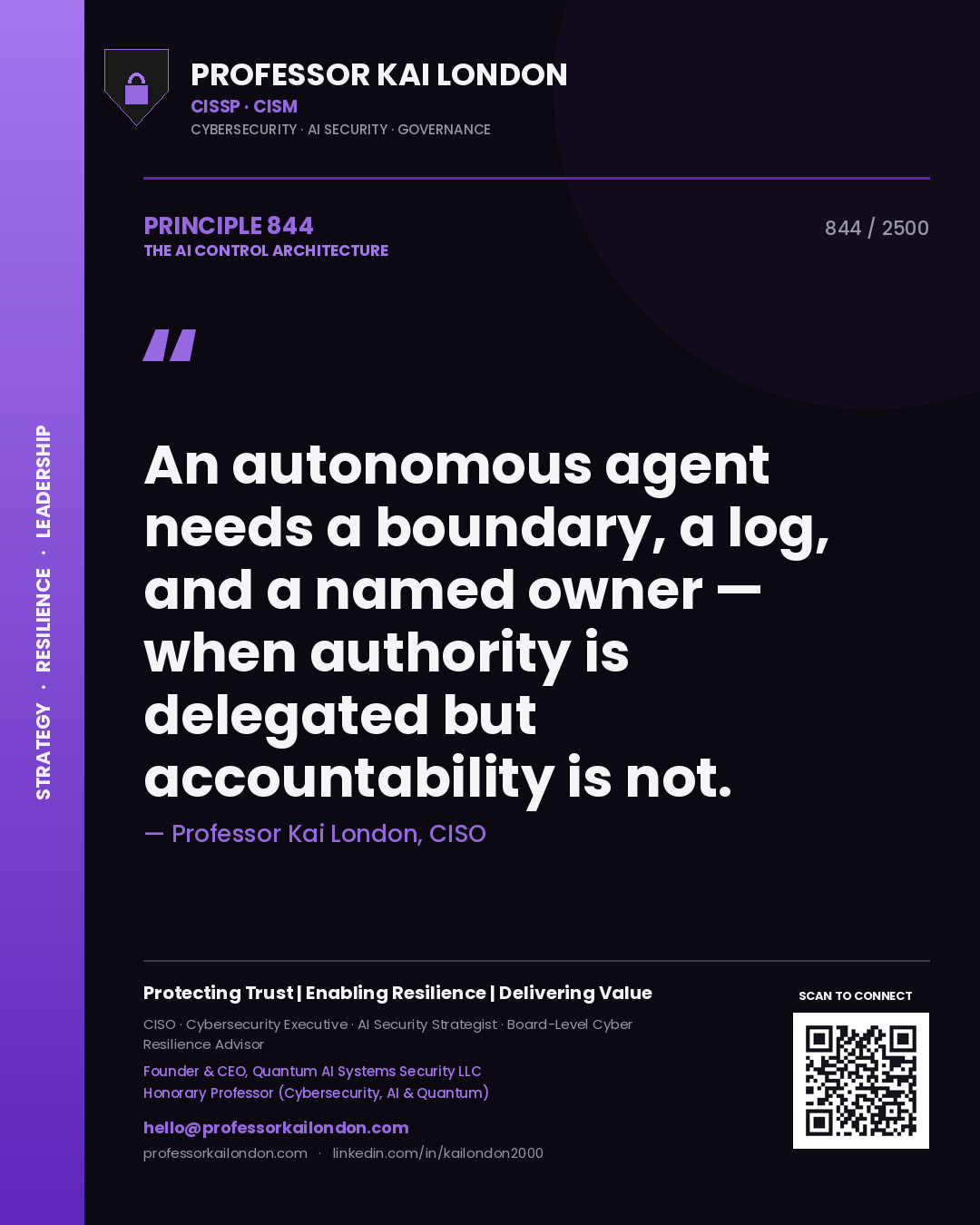 Professor Kai London principle 844: An autonomous agent needs a boundary, a log, and a named owner — when authority is delegated but accountability is not.