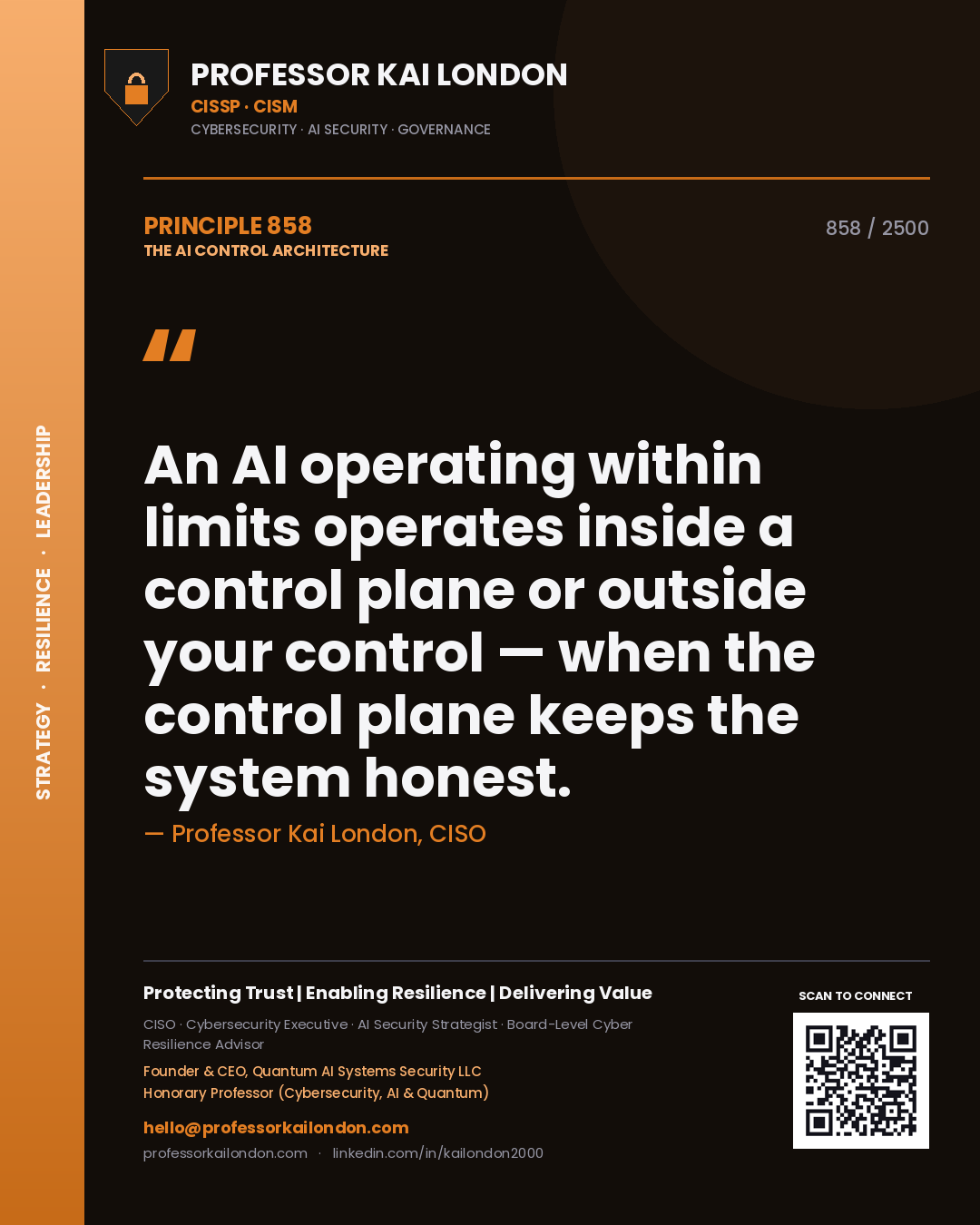 Professor Kai London principle 858: An AI operating within limits operates inside a control plane or outside your control — when the control plane keeps the system honest.