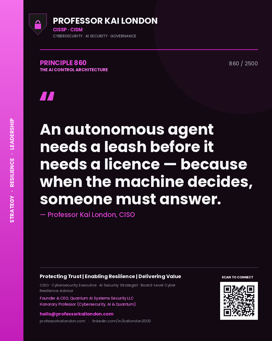 Professor Kai London principle 860: An autonomous agent needs a leash before it needs a licence — because when the machine decides, someone must answer.