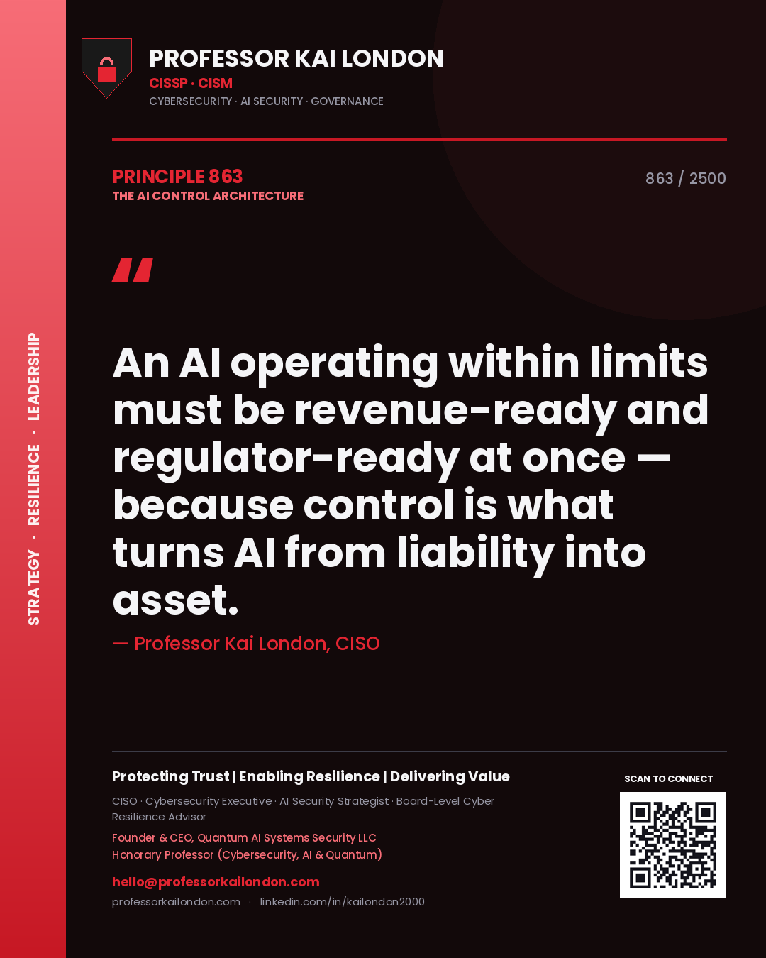 Professor Kai London principle 863: An AI operating within limits must be revenue-ready and regulator-ready at once — because control is what turns AI from liability into asset.
