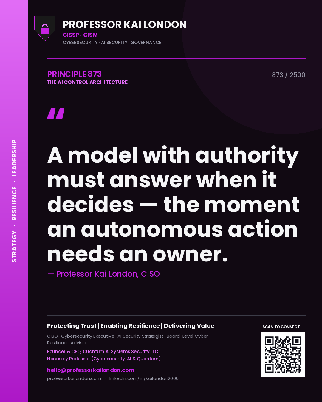 Professor Kai London principle 873: A model with authority must answer when it decides — the moment an autonomous action needs an owner.