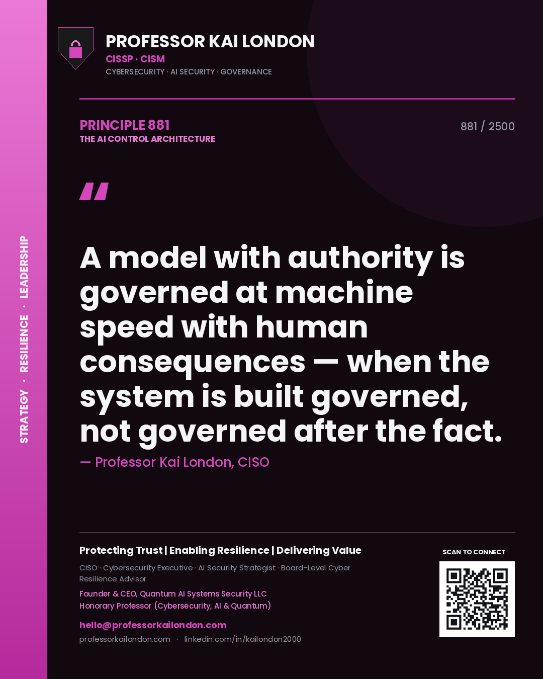 Professor Kai London principle 881: A model with authority is governed at machine speed with human consequences — when the system is built governed, not governed after the fact.