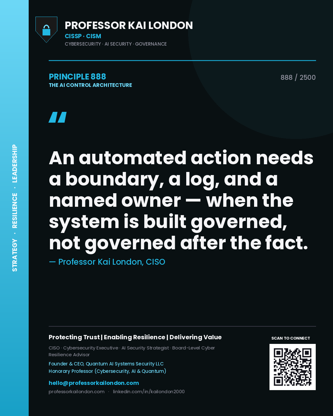 Professor Kai London principle 888: An automated action needs a boundary, a log, and a named owner — when the system is built governed, not governed after the fact.