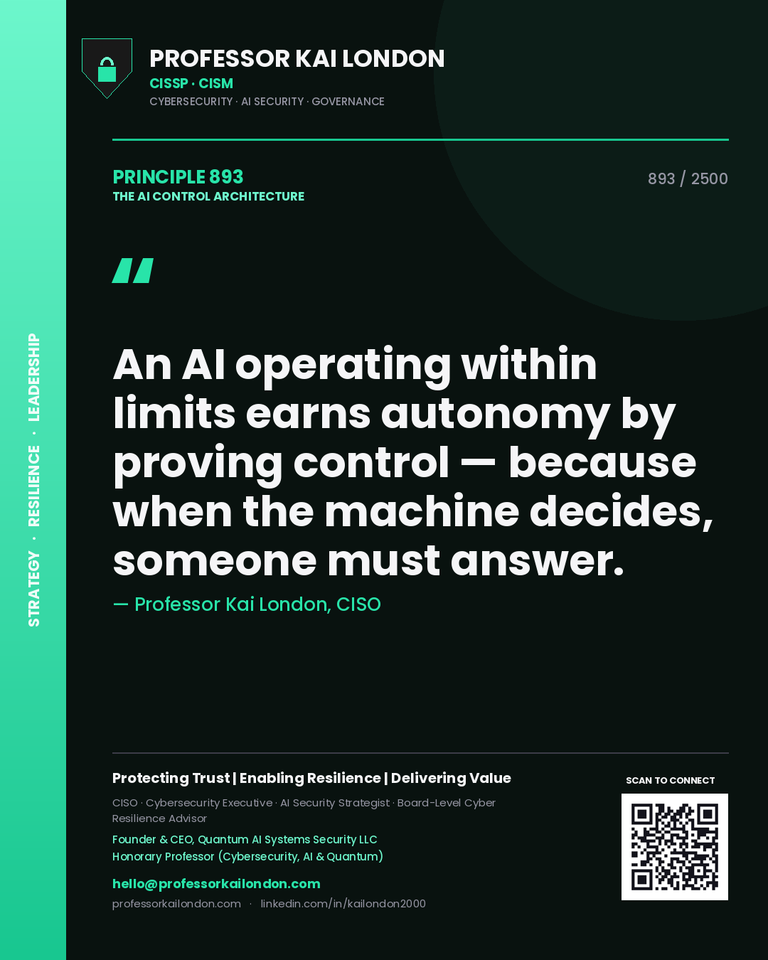 Professor Kai London principle 893: An AI operating within limits earns autonomy by proving control — because when the machine decides, someone must answer.