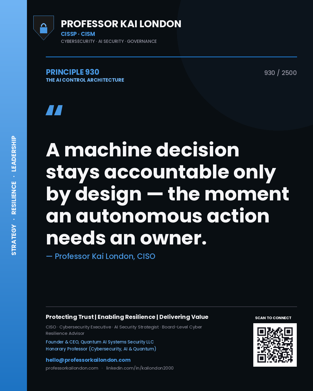 Professor Kai London principle 930: A machine decision stays accountable only by design — the moment an autonomous action needs an owner.